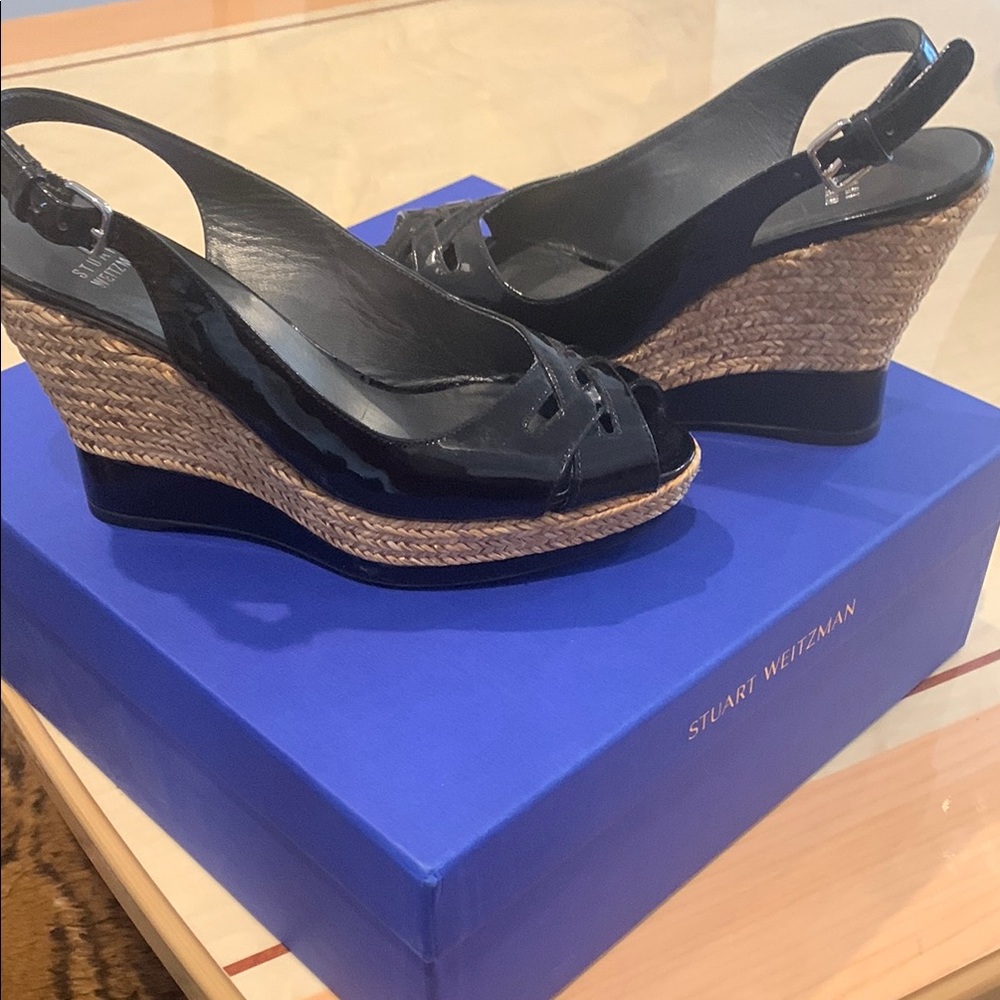 Stuart Weitzman Black Wedge Sandals with Knot Detail